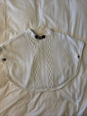 White Cable-Knit Poncho Sweater with Button Detail